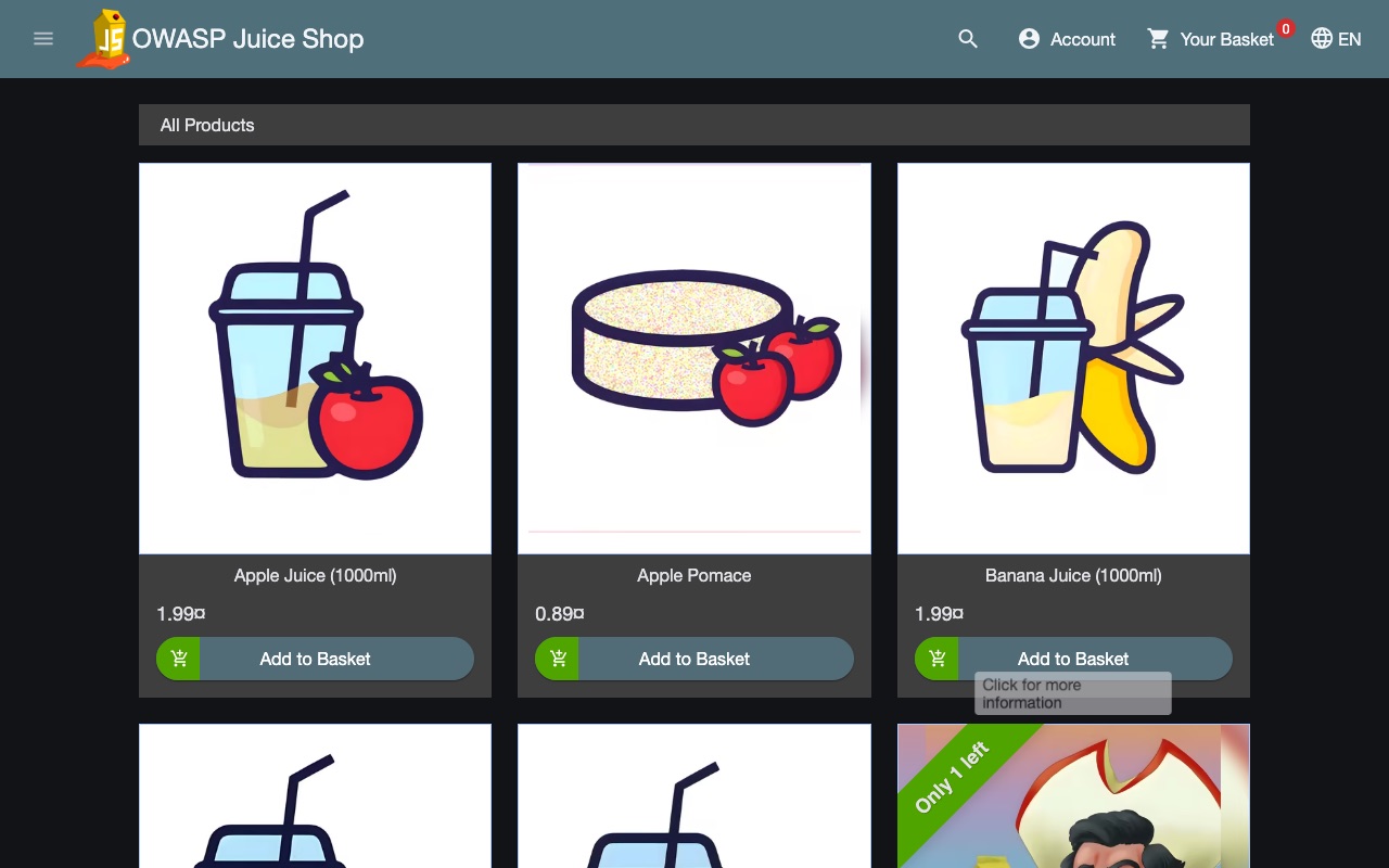 Juice Shop ana sayfası: meyve suyu satan sıradan bir e-ticaret sitesi gibi görünüyor
